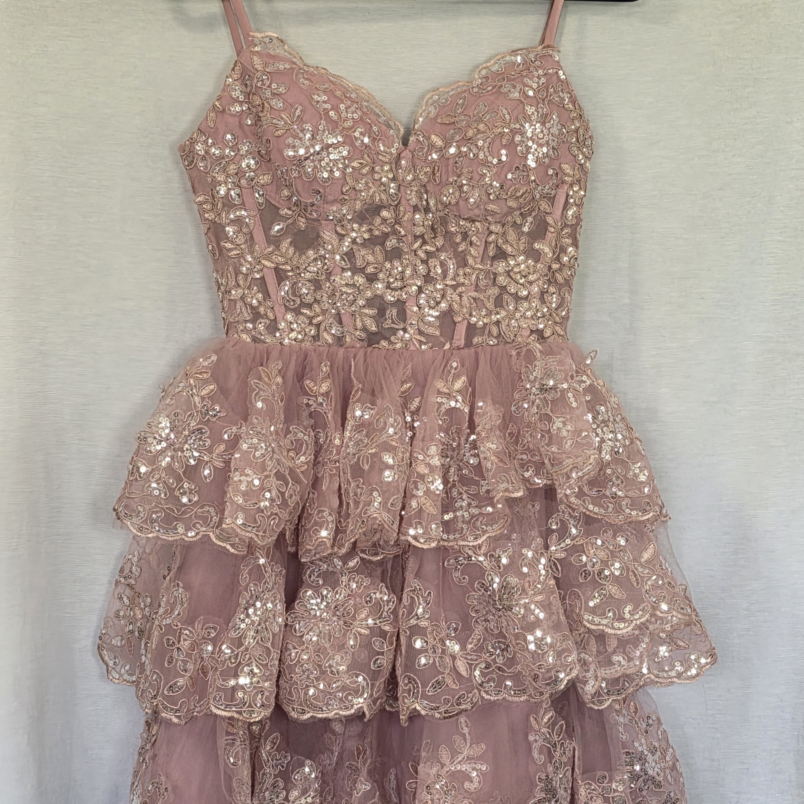 Girls Mauve Sequined Tulle Ruffle Dress With Embroidered Bodice
